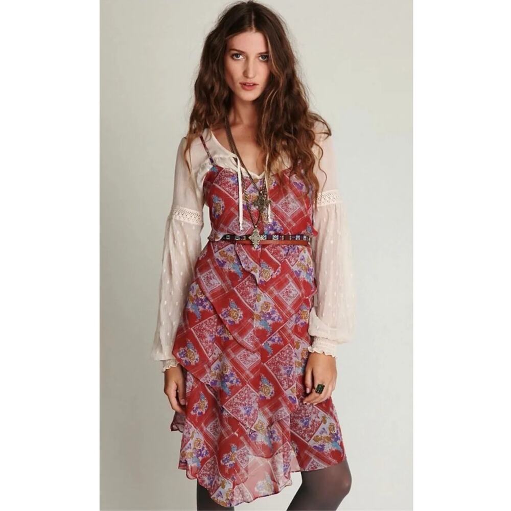 Free People Red Multi Floral Tiered Midi Dress